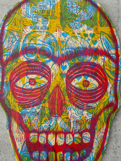 3 Color Big Radiant Skull Woodcut handprinted on Wooden Panel 20" x 30"