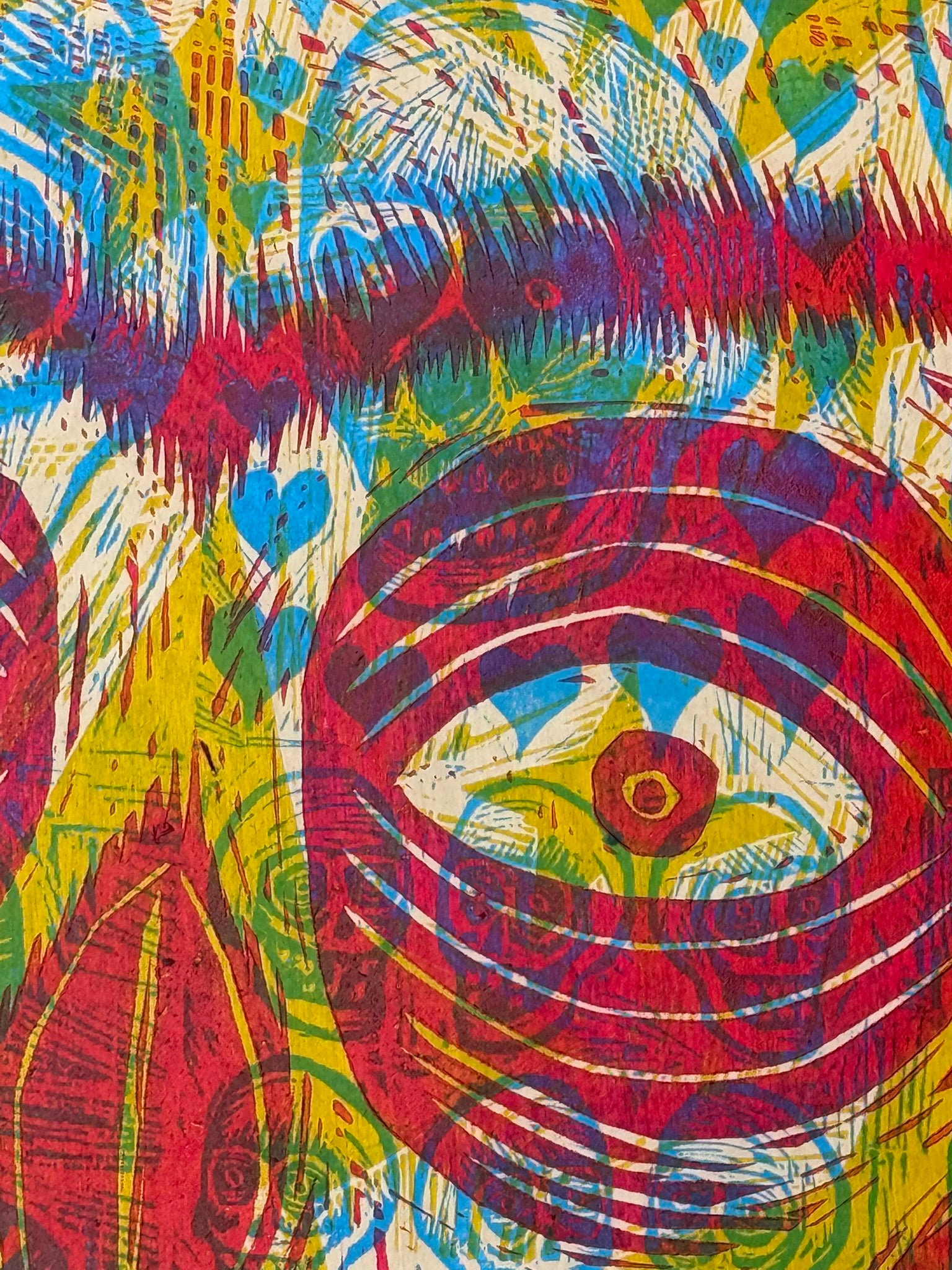 3 Color Big Radiant Skull Woodcut handprinted on Wooden Panel 20" x 30"