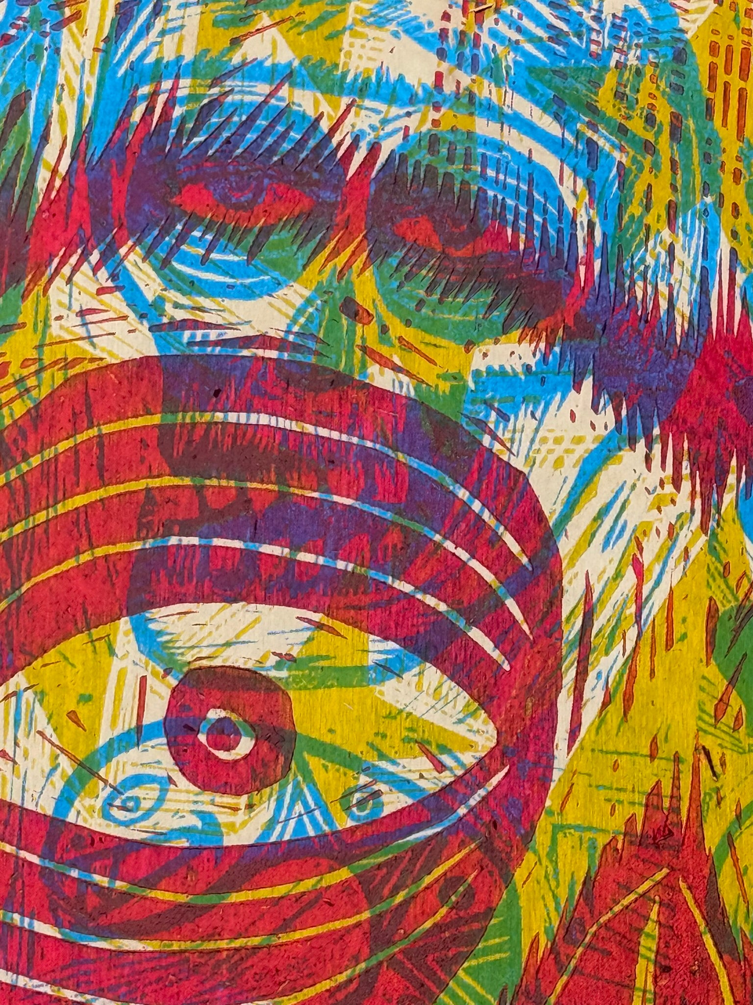 3 Color Big Radiant Skull Woodcut handprinted on Wooden Panel 20" x 30"