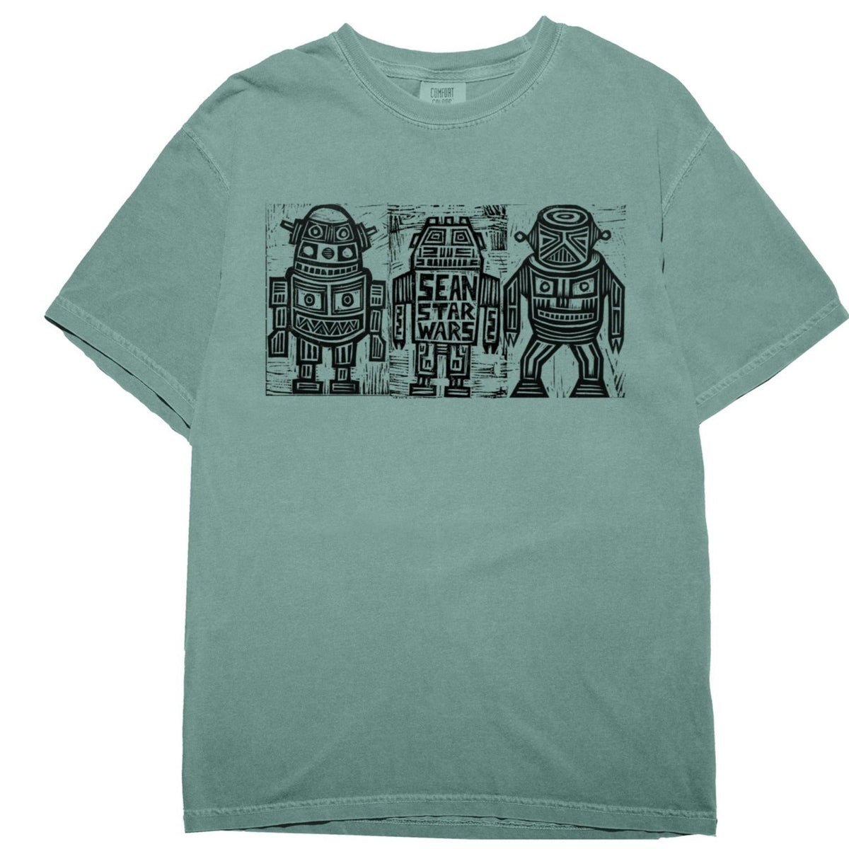 3 Shina Robots Woodblock Handprinted T-Shirt