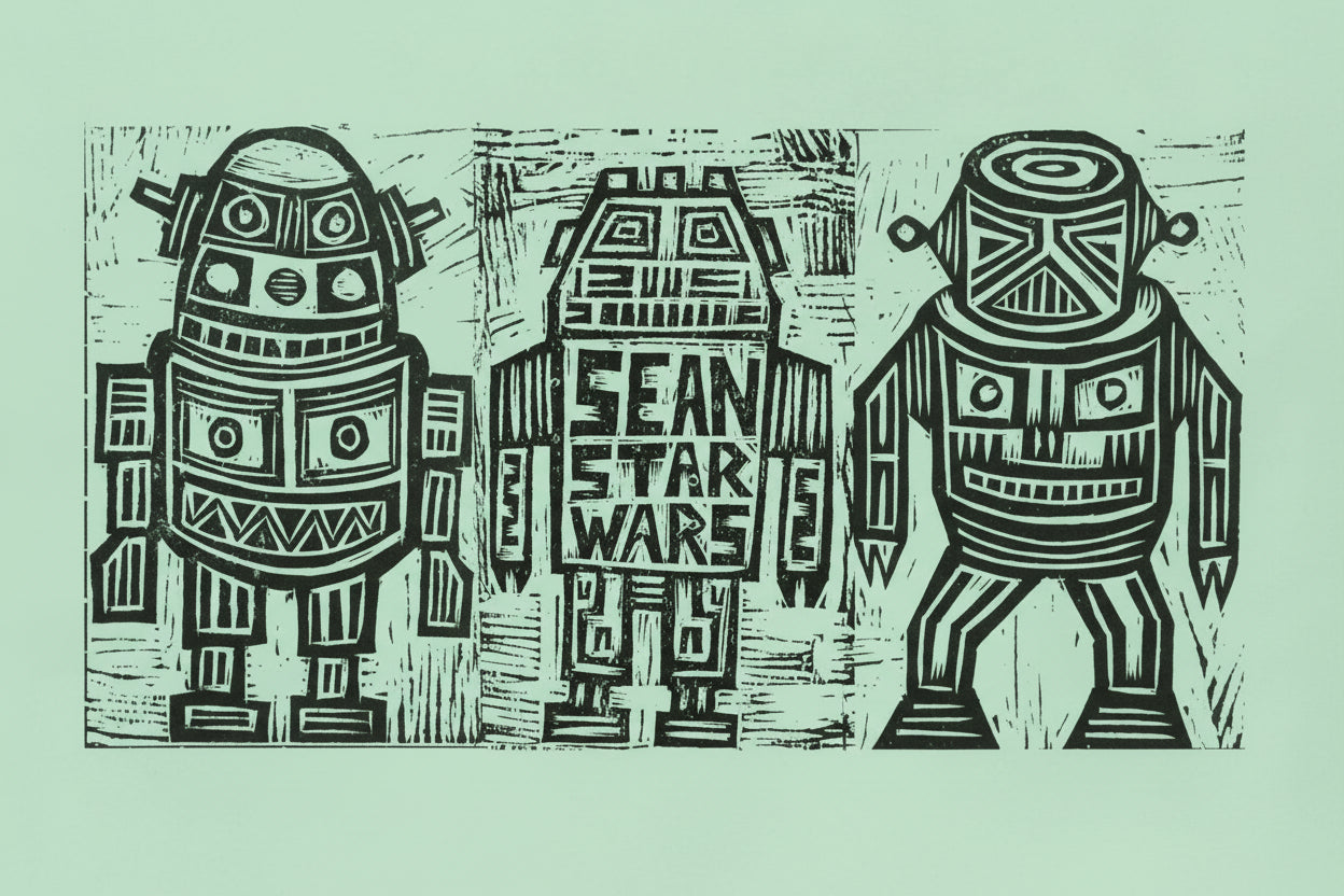 3 Shina Robots Woodblock Handprinted T-Shirt