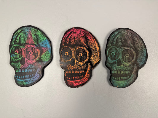 Mini Skull Woodcut Printed on Wooden Panel