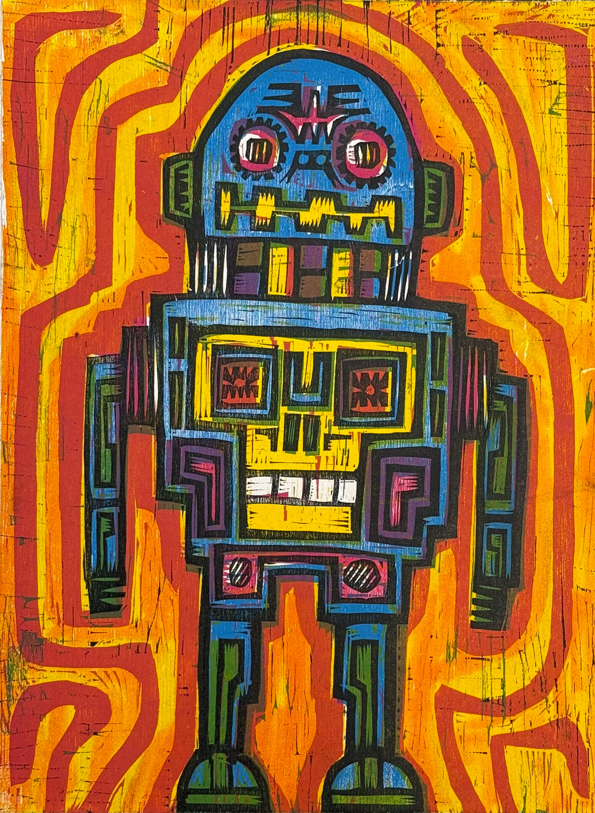 Astrono Robot  Woodcut Print
