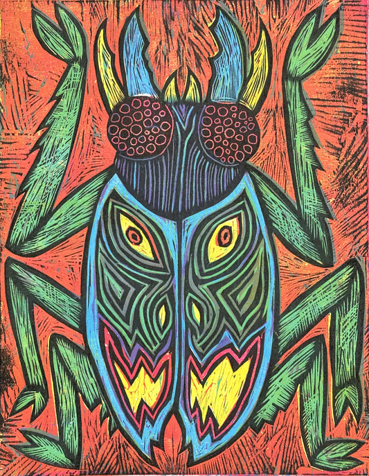Blue Beetle Woodcut Handpulled Print