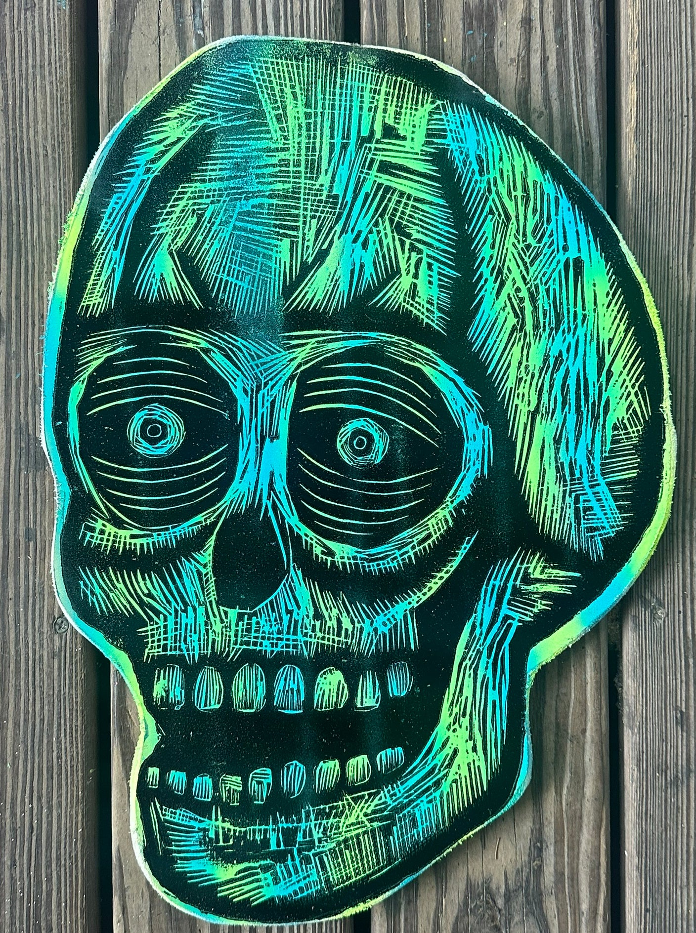 Green and Blue Striped Skull Woodcut Printed on Wooden Panel