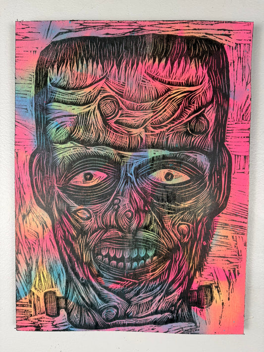 Frankenstein Woodcut Printed on Wooden Panel