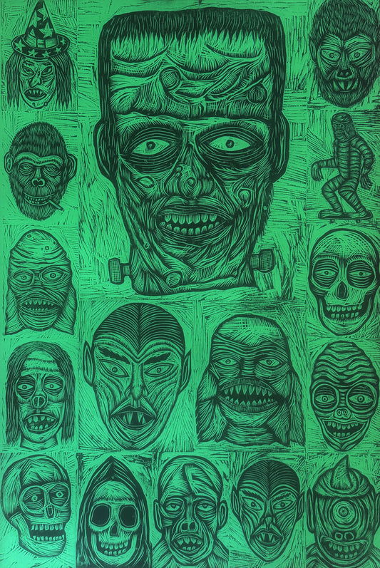 Frankenstein and Friends Handprinted Woodcut