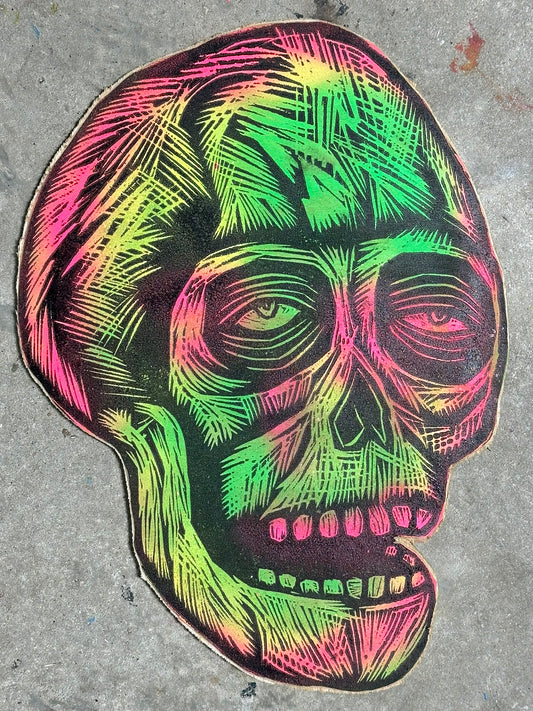 Green Skull (Right Facing) Woodcut printed on Wooden Panel