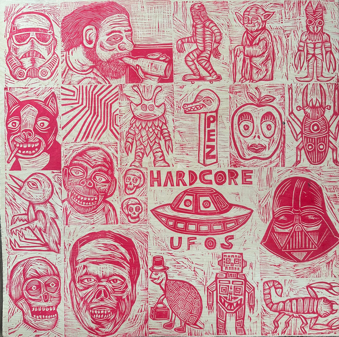 Hardcore UFOS Woodcuts printed on Painted Wooden Panel