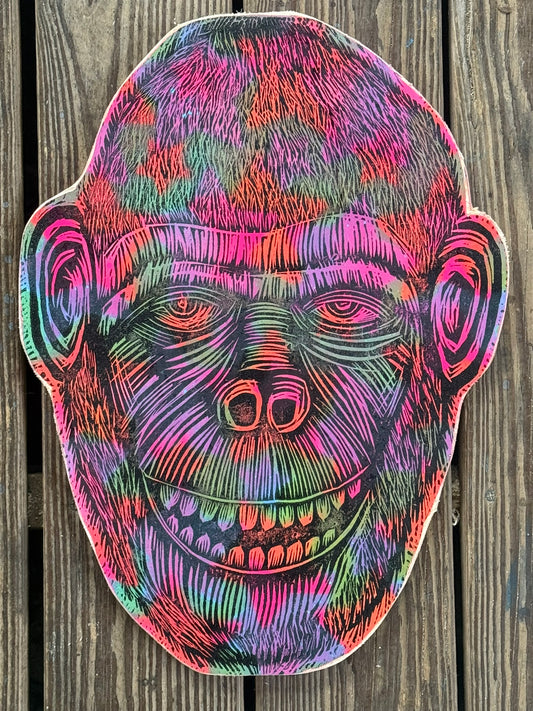 Starfield Chimp Woodcut on Wooden Panel