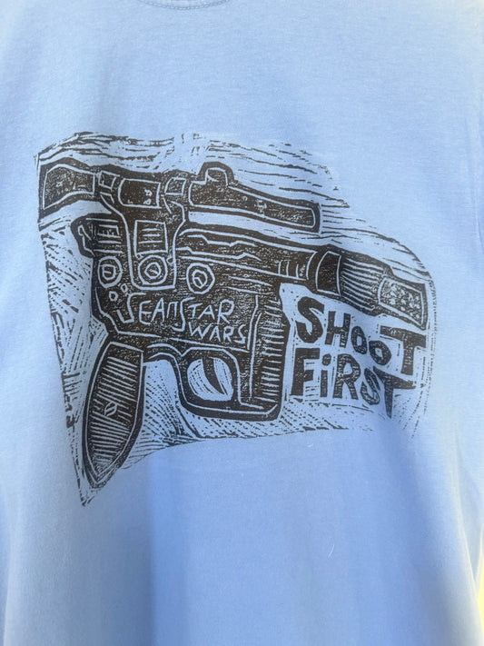 Shoot First! Woodcut Handprinted T-Shirt