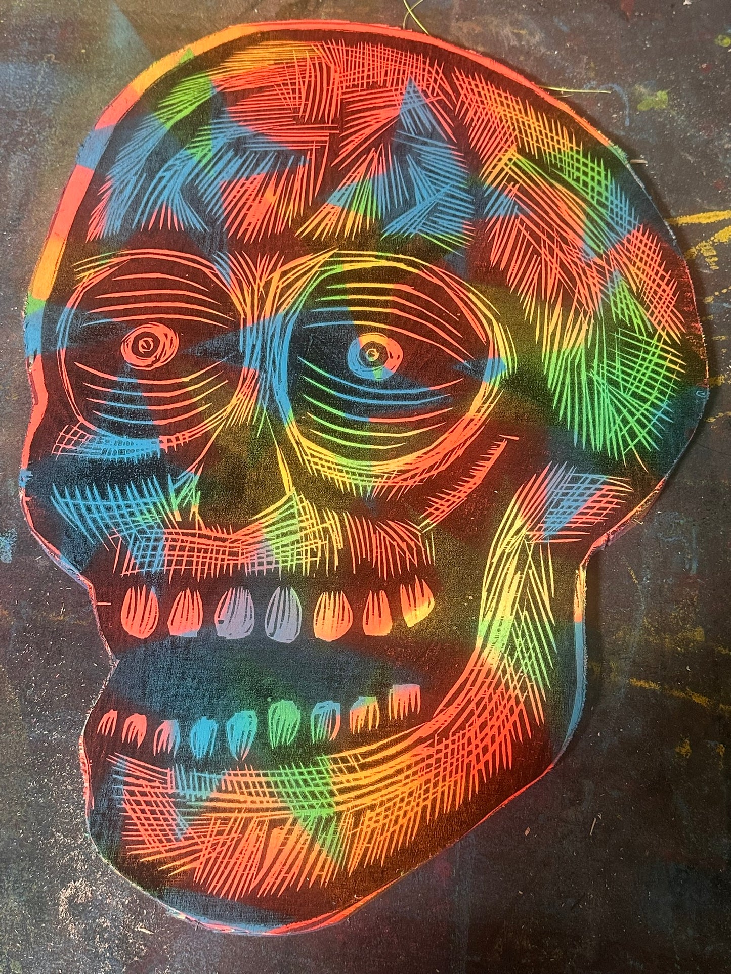 Stars Skull Woodcut Printed on Wooden Panel