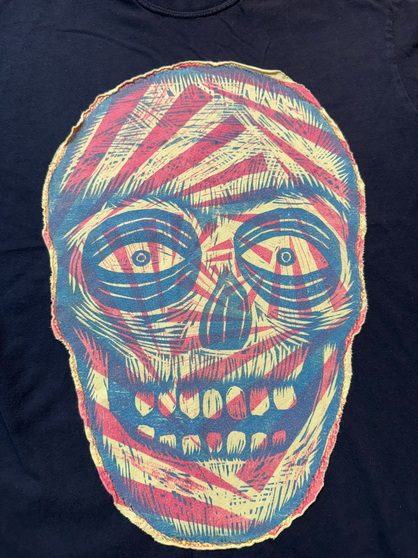 Yellow Skulll Appliqued Woodcut Handprinted T-Shirt