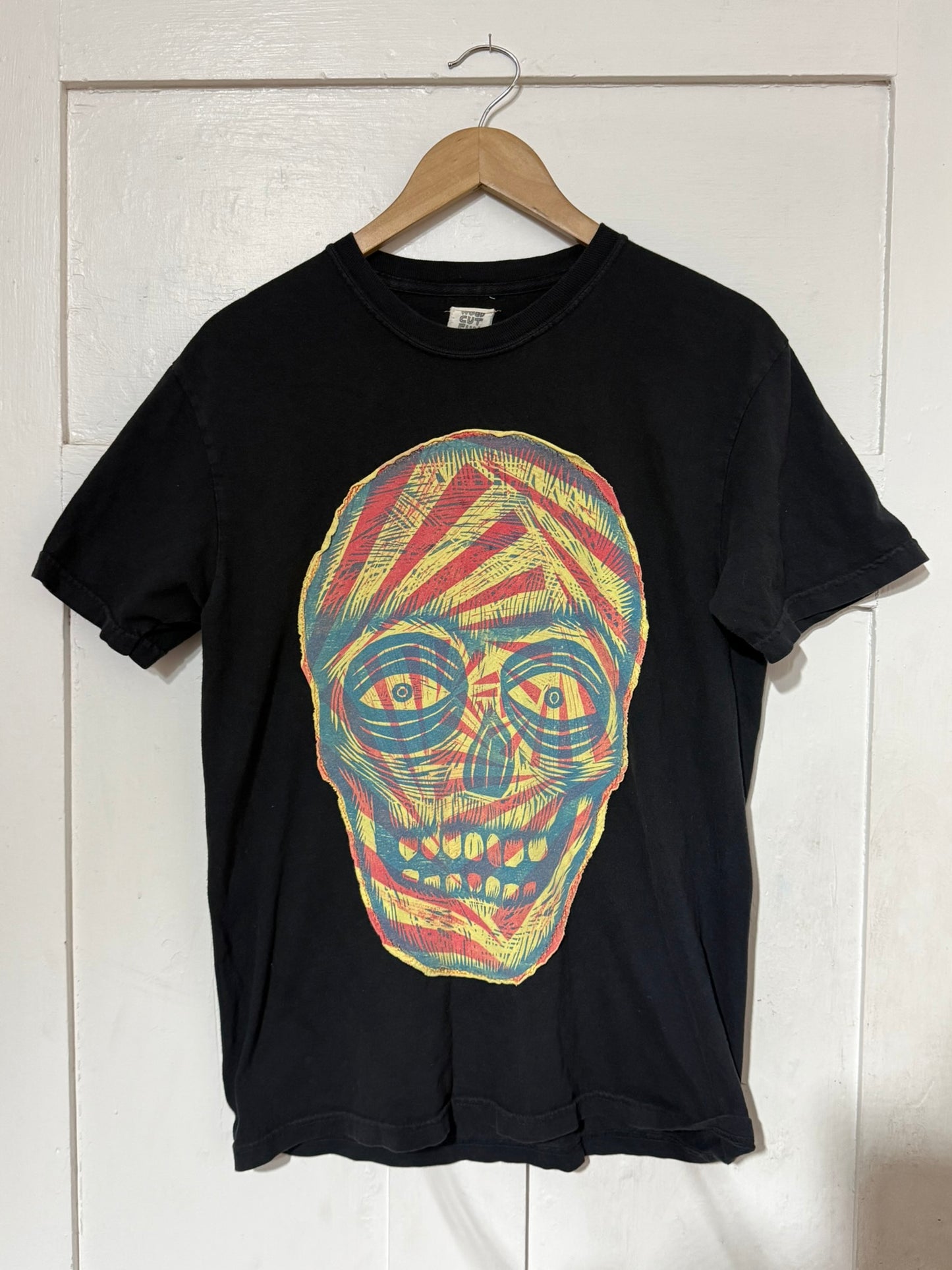Yellow Skulll Appliqued Woodcut Handprinted T-Shirt