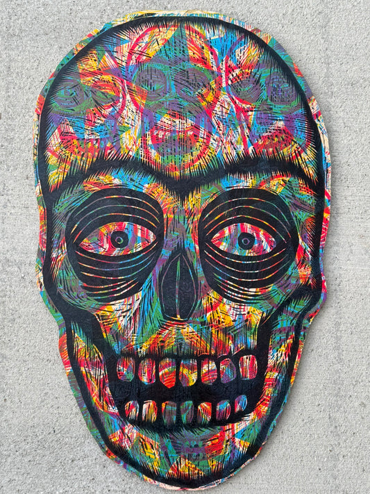 Big Radiant Skull Woodcut handprinted on Wooden Panel 20" x 30"