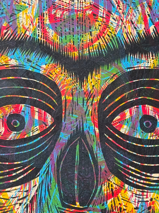 Big Radiant Skull Woodcut handprinted on Wooden Panel 20" x 30"
