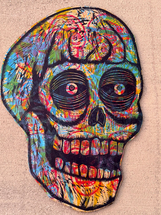 Big Skull Multiblock Woodcut handprinted on 23" x 33 " Wooden Panel