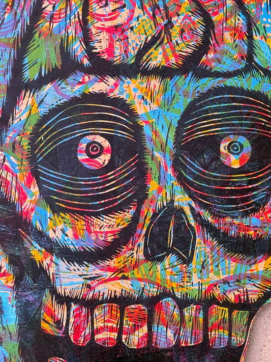 Big Skull Multiblock Woodcut handprinted on 23" x 33 " Wooden Panel