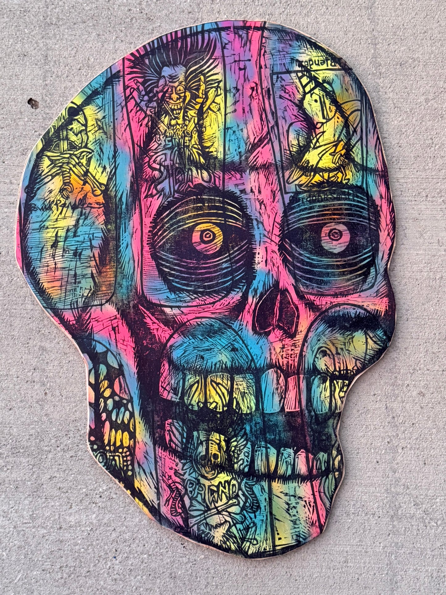 Big Skull Multiblock Woodcut handprinted on 23" x 33"  Spraypainted Wooden Panel