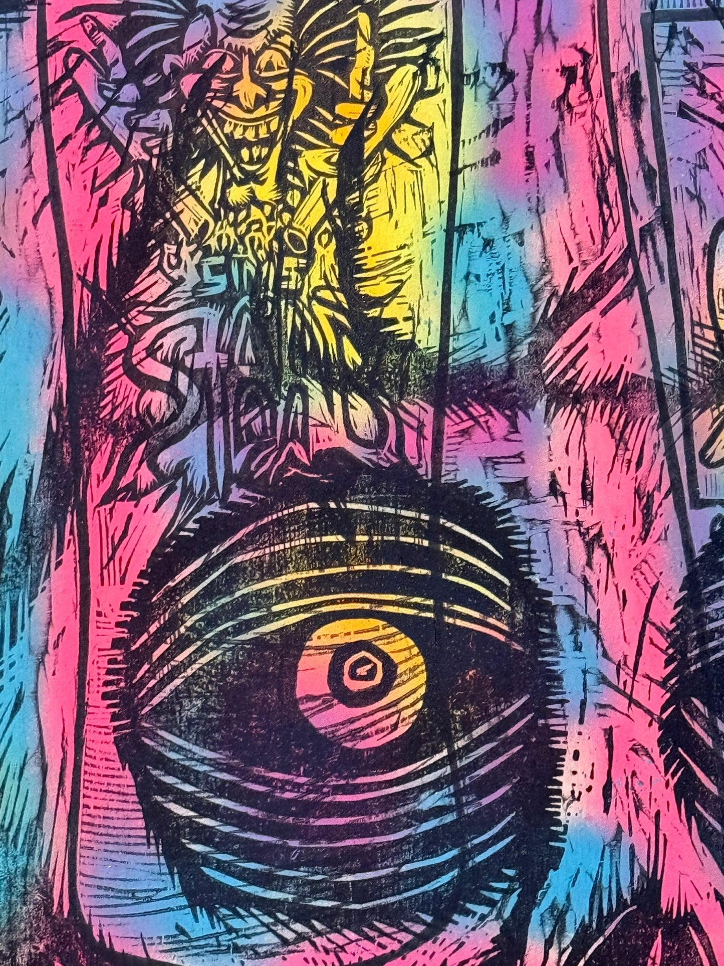 Big Skull Multiblock Woodcut handprinted on 23" x 33"  Spraypainted Wooden Panel