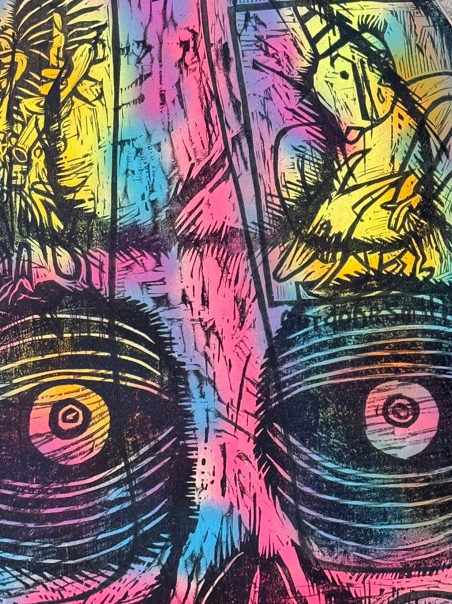Big Skull Multiblock Woodcut handprinted on 23" x 33"  Spraypainted Wooden Panel