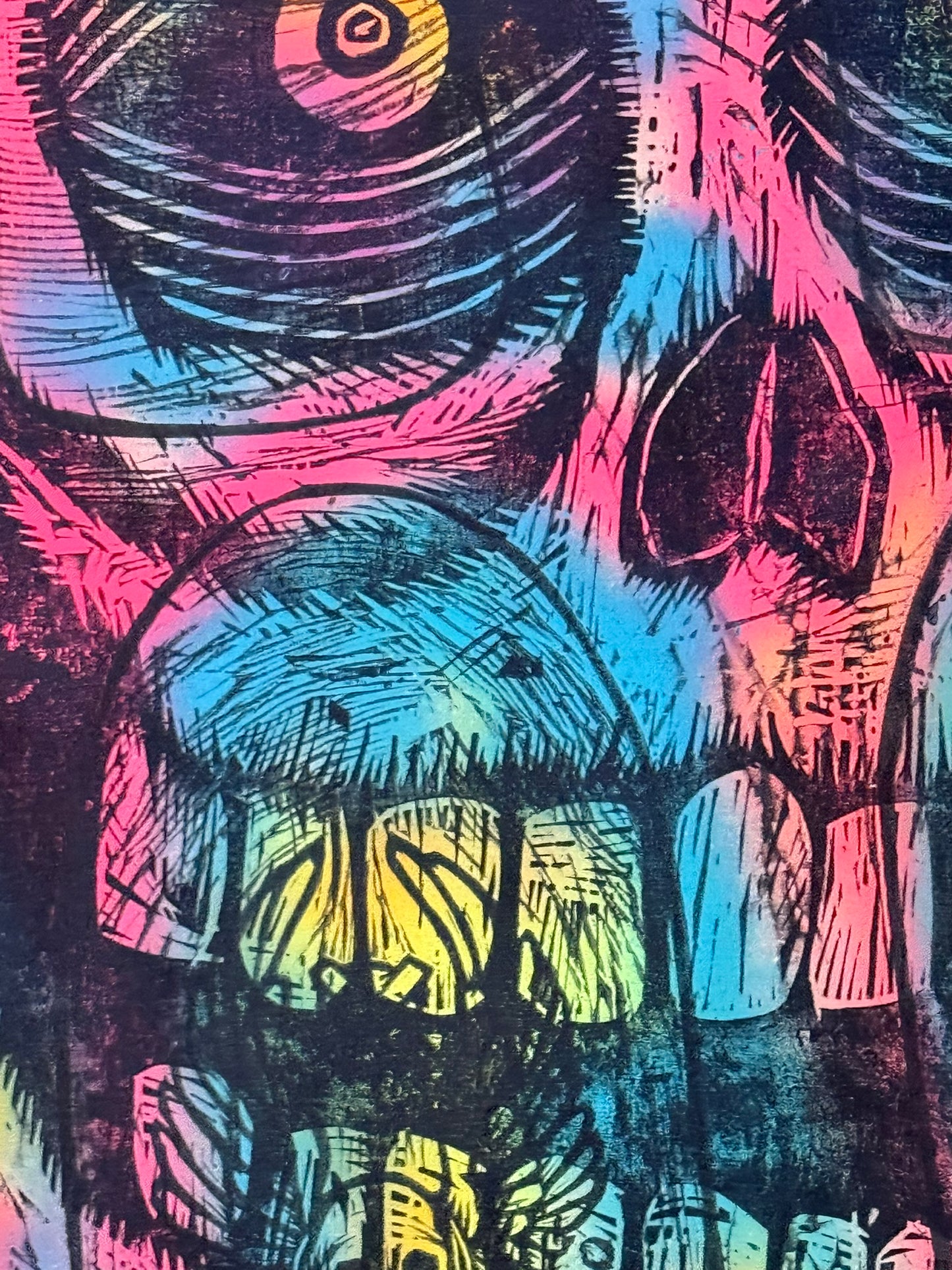 Big Skull Multiblock Woodcut handprinted on 23" x 33"  Spraypainted Wooden Panel