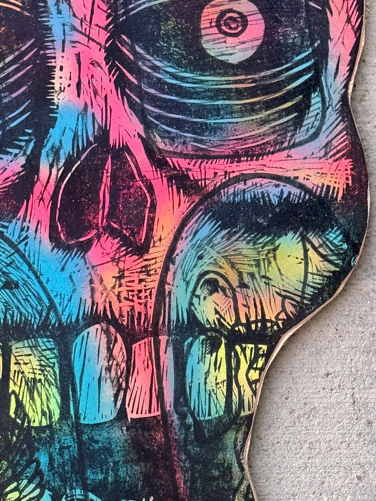 Big Skull Multiblock Woodcut handprinted on 23" x 33"  Spraypainted Wooden Panel