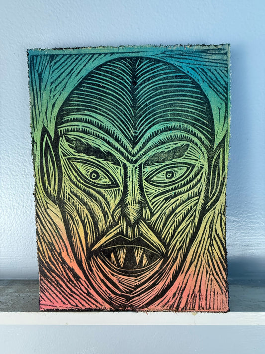 Vampire Woodcut printed on a 6" 8" Wooden Panel