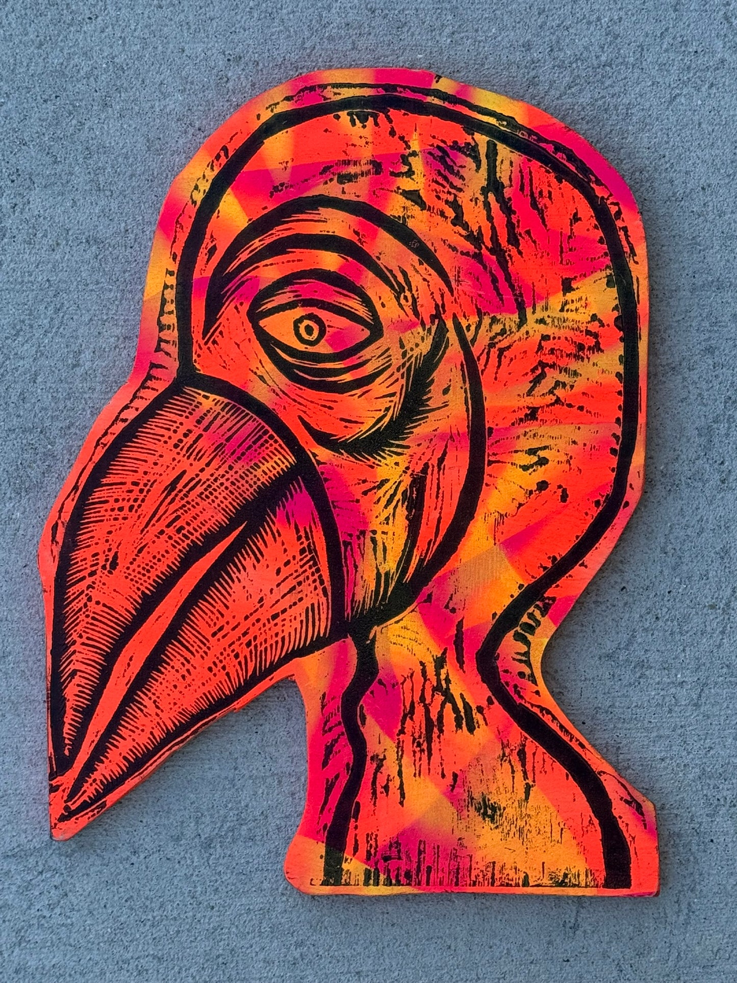 Bird Man  Woodcut Printed on Wooden Panel