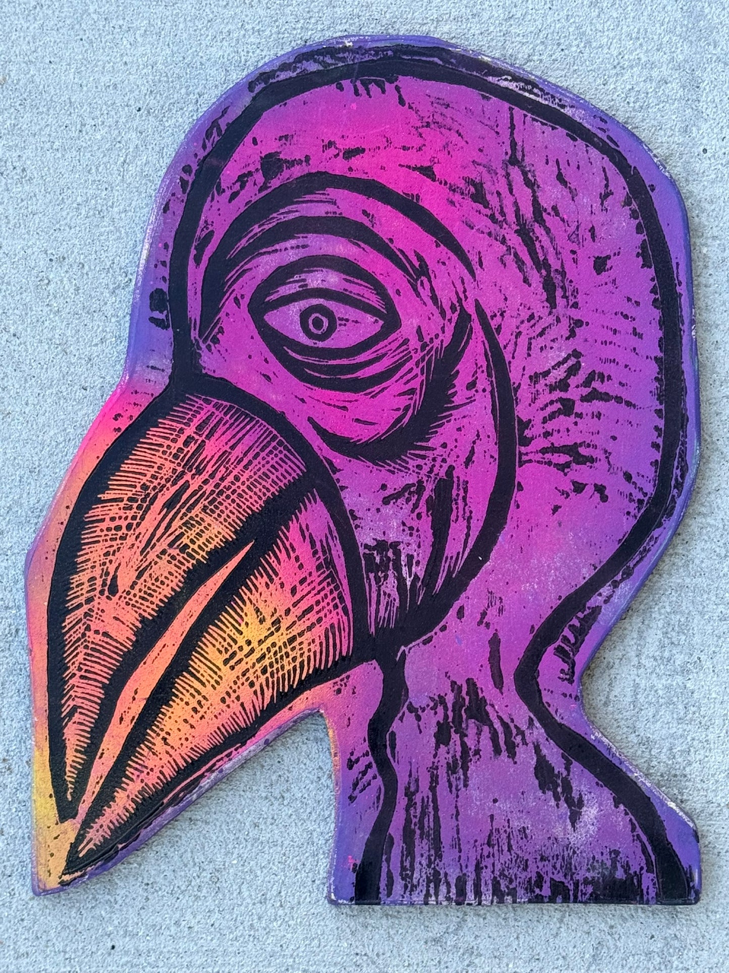 Bird Man  Woodcut Printed on Wooden Panel