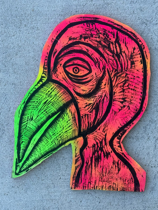 Bird Man  Woodcut Printed on Wooden Panel