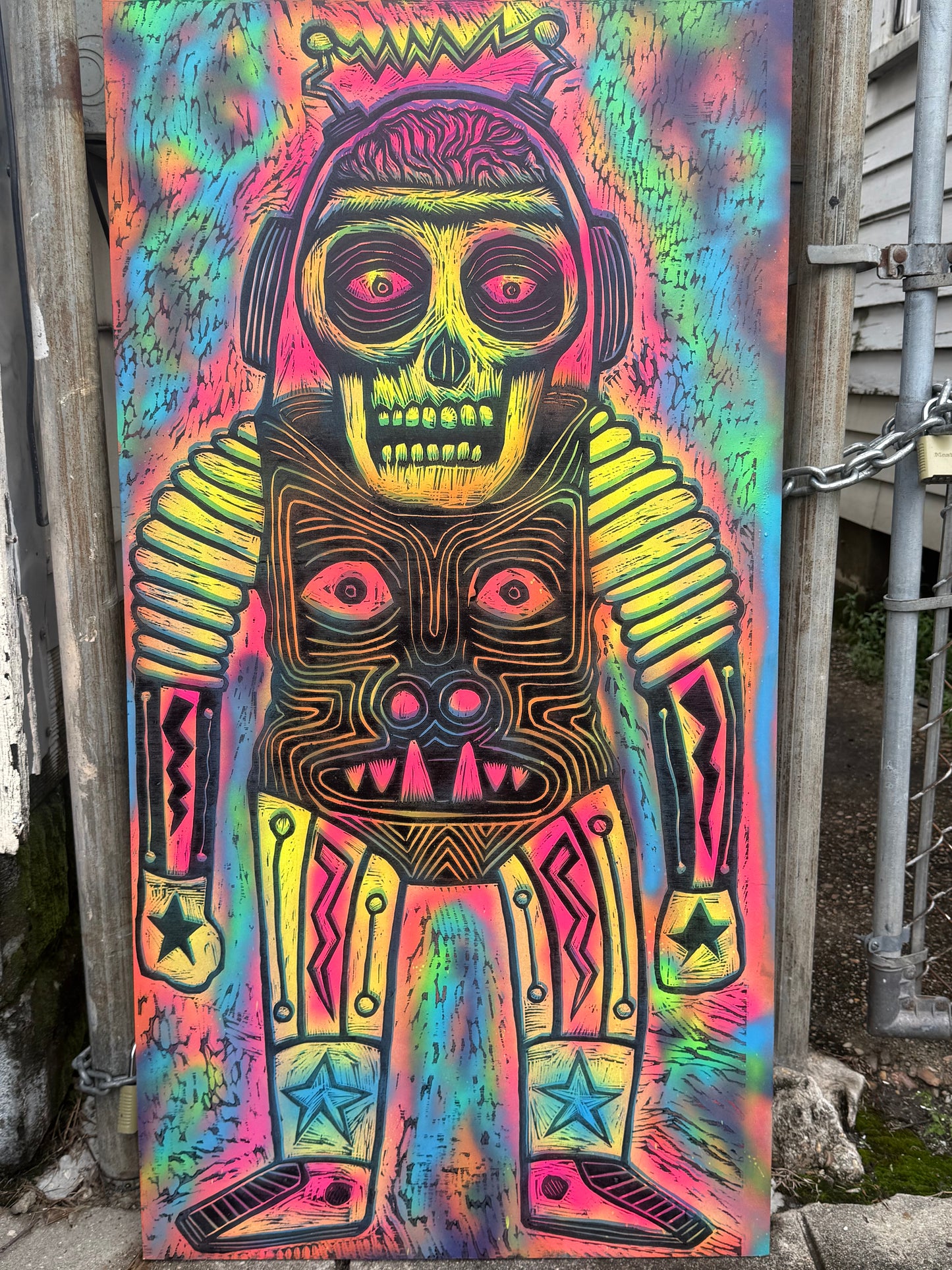 Mars Troglodyte Woodcut handprinted on 24" x 48"  Spraypainted Wooden Panel