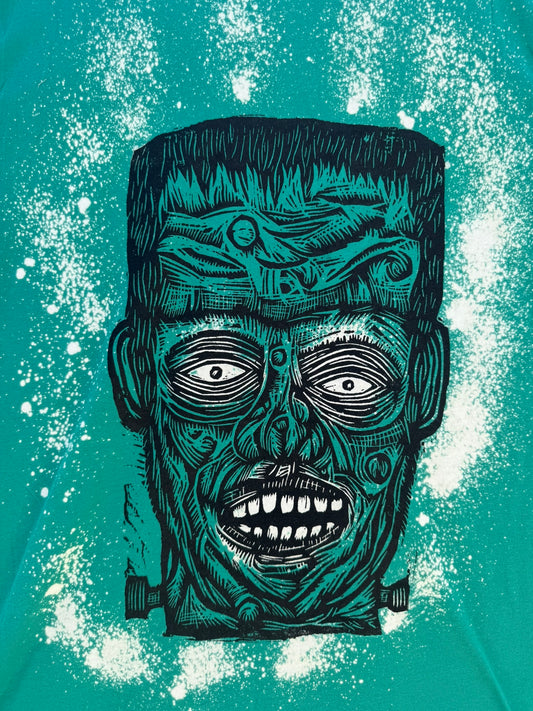 Frankenstein Bleachout Woodcut Handprinted T-Shirt
