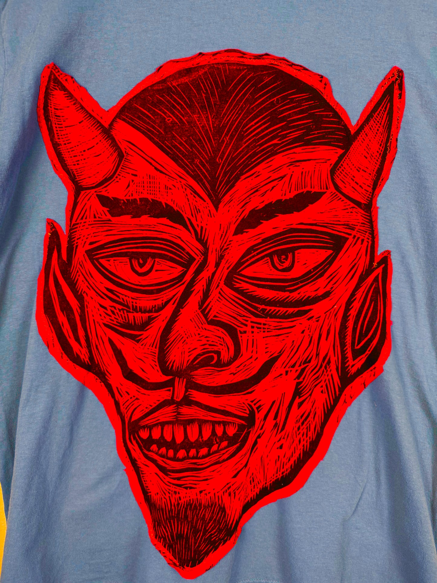 Red Devil Woodcut Appliqued T Shirt