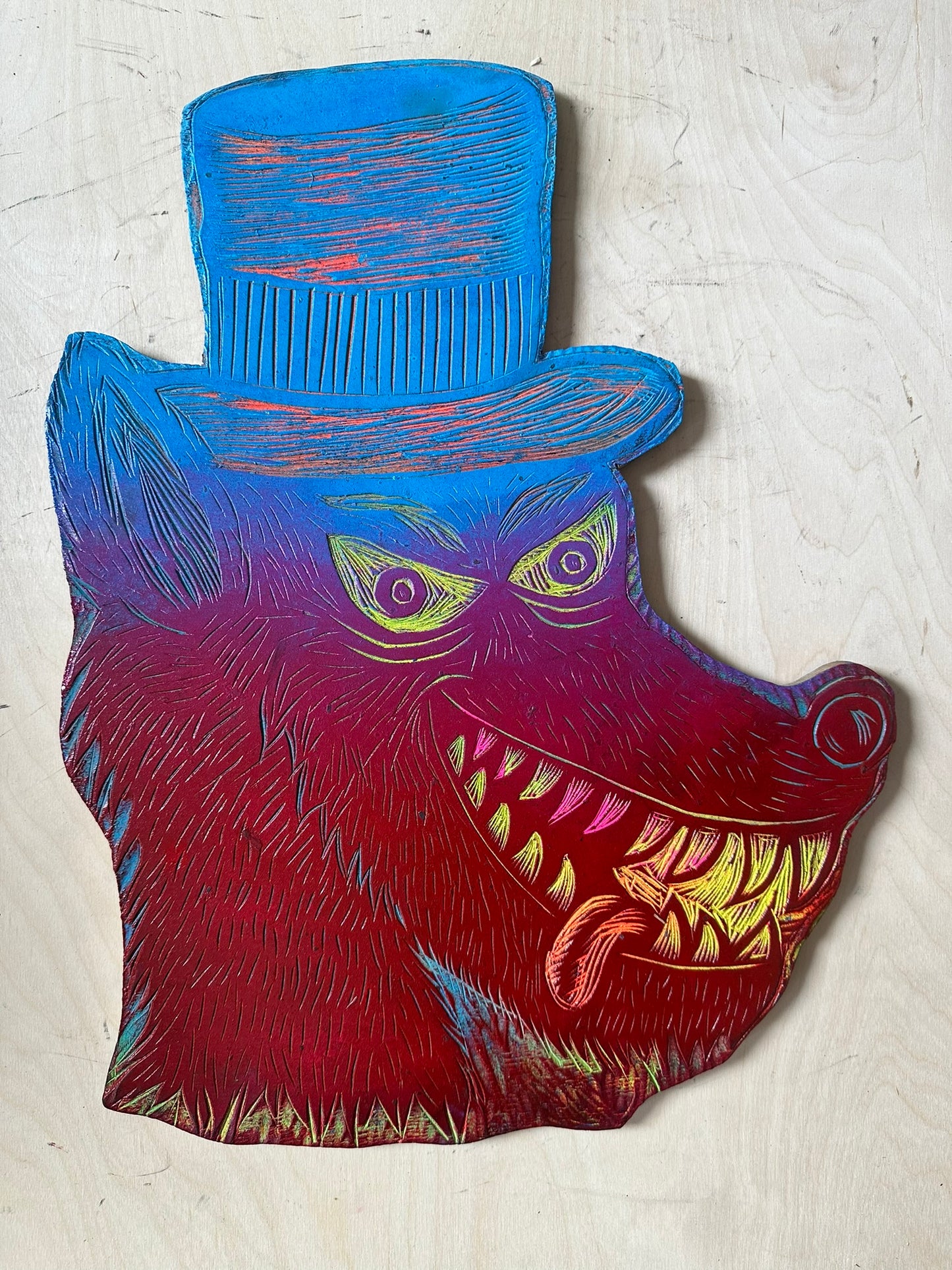 Rainbow Wolf Woodcut Handprinted T-Shirt