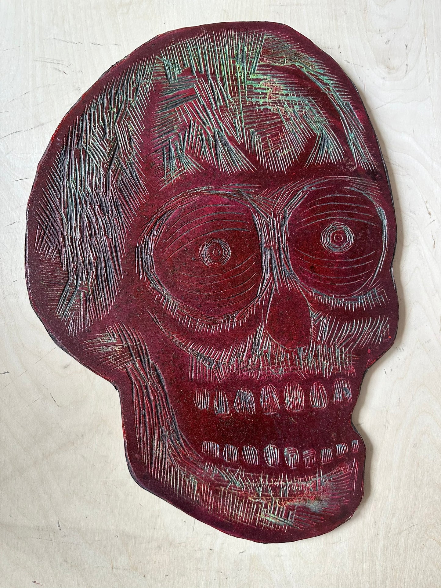 Skull 23 Tri-Color Woodcut Handprinted T-Shirt