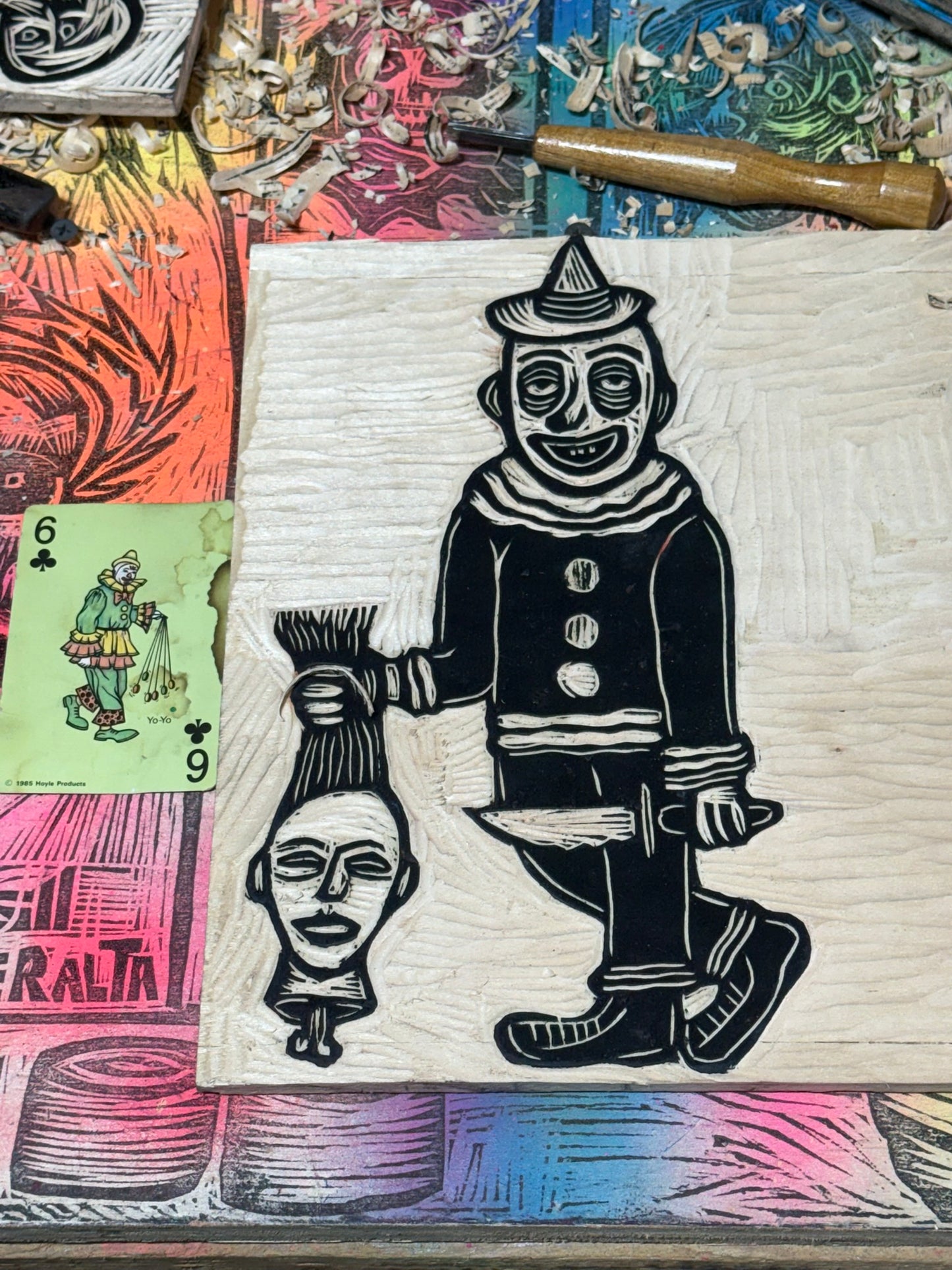 Clown Therapy Woodcut Handprinted T-Shirt