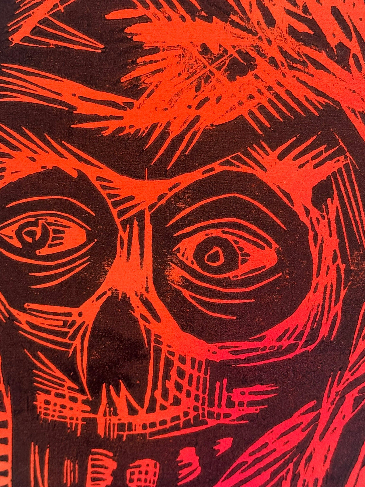 Blaze Orange Compact Skull  Woodcut  printed on  Wooden Panel