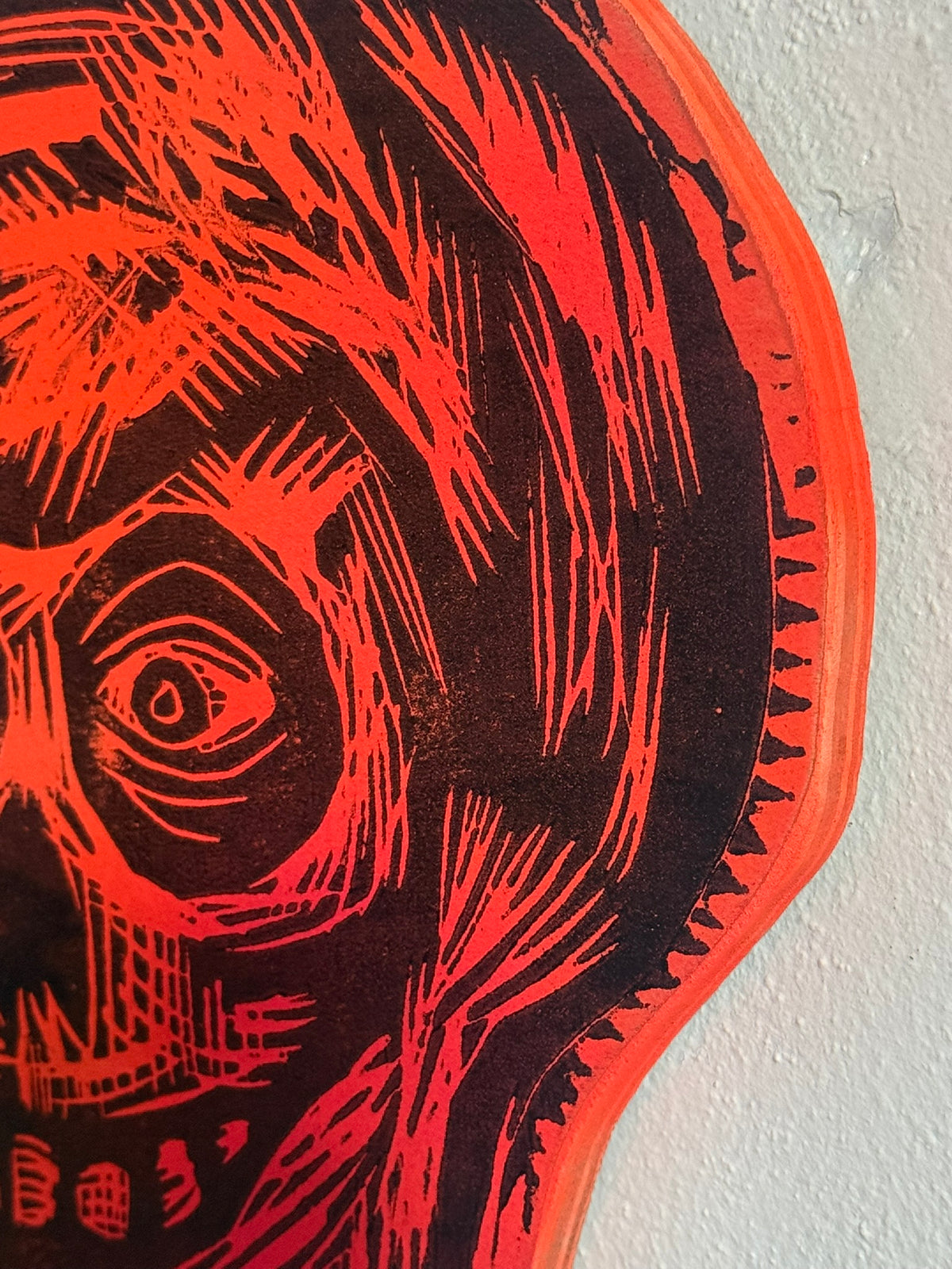 Blaze Orange Compact Skull  Woodcut  printed on  Wooden Panel