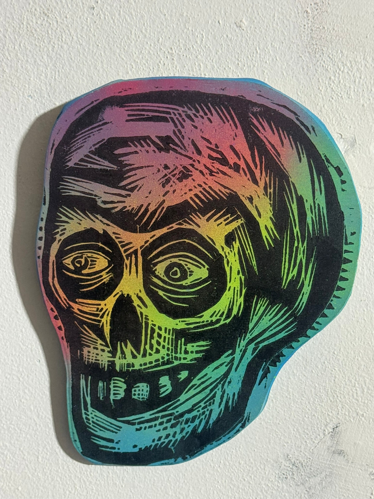 Blue Rainbow Compact Skull  Woodcut  printed on  Wooden Panel