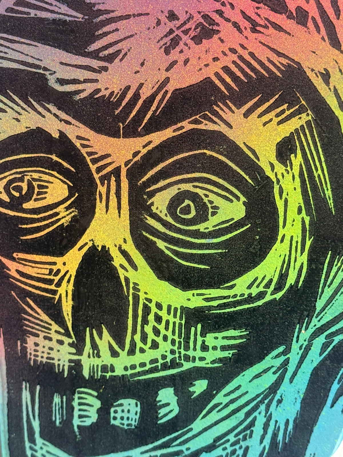 Blue Rainbow Compact Skull  Woodcut  printed on  Wooden Panel