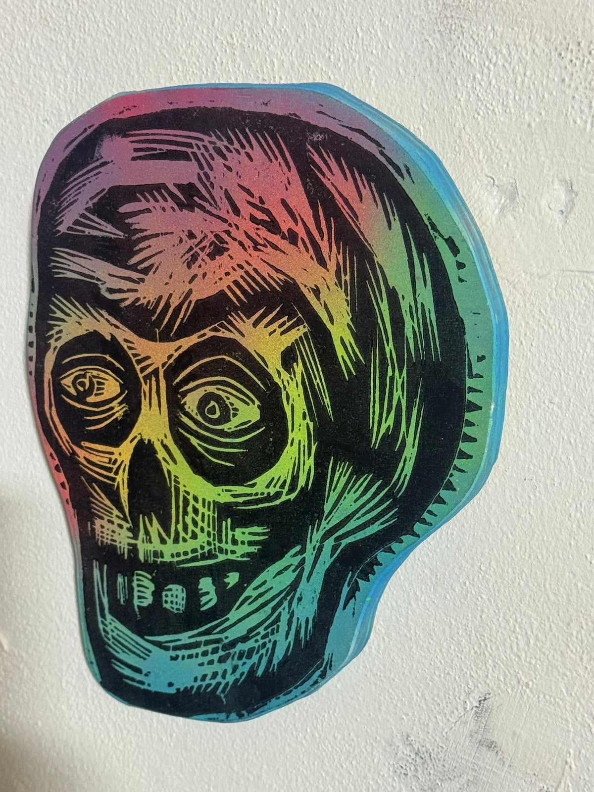 Blue Rainbow Compact Skull  Woodcut  printed on  Wooden Panel