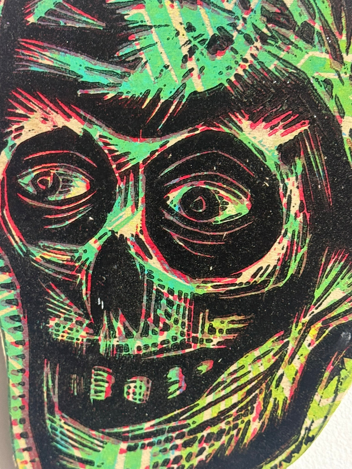 Sinister Green Compact Skull  Woodcut  printed on  Wooden Panel