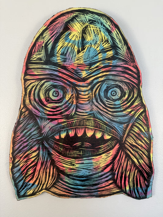 Creature Woodcut Printed on Wooden Panel