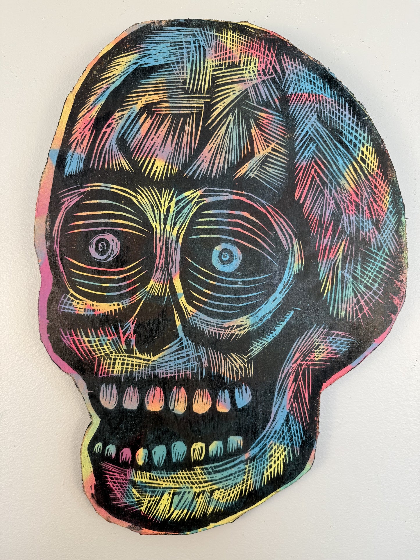 Skull Crusher Skull Woodcut Printed on Wooden Panel