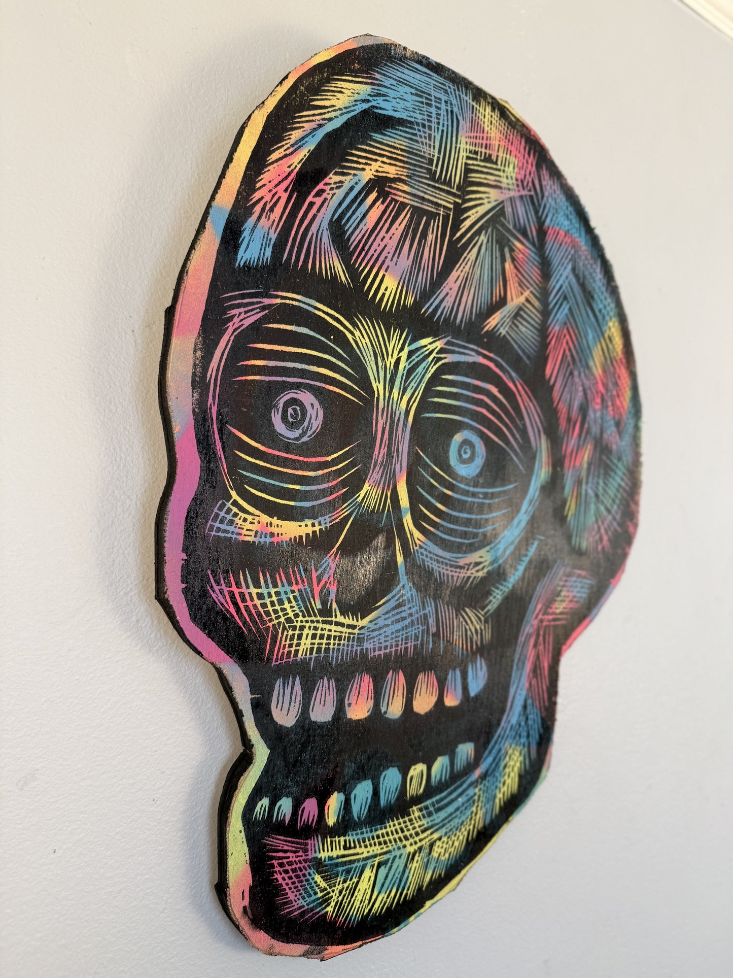 Skull Crusher Skull Woodcut Printed on Wooden Panel