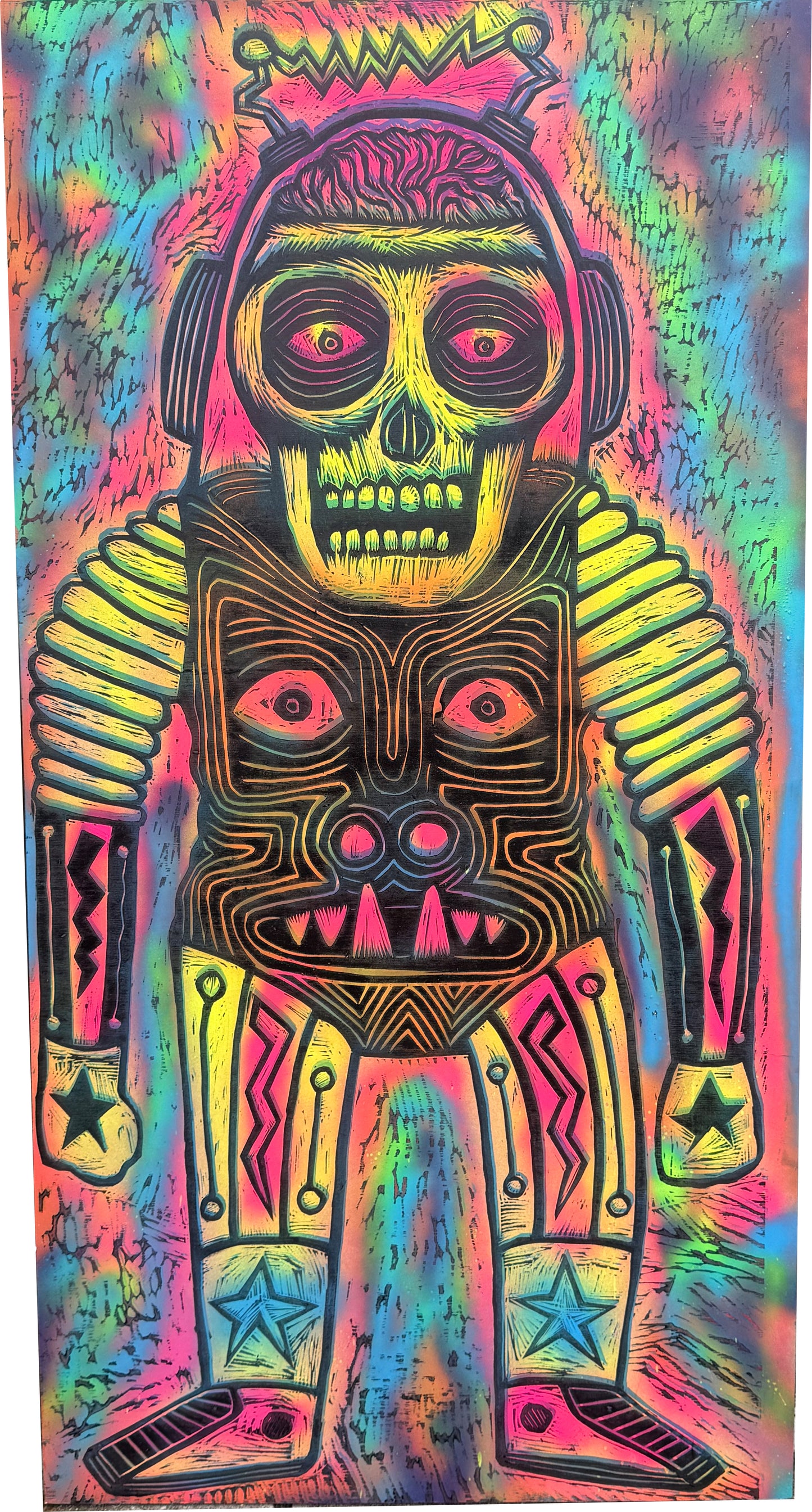 Mars Troglodyte Woodcut handprinted on 24" x 48"  Spraypainted Wooden Panel