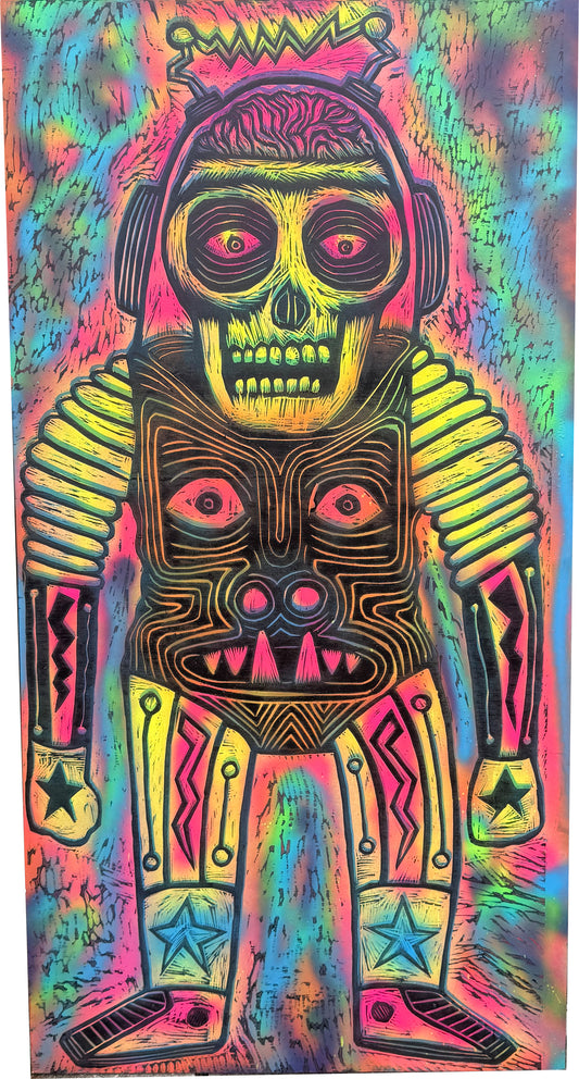 Mars Troglodyte Woodcut handprinted on 24" x 48"  Spraypainted Wooden Panel