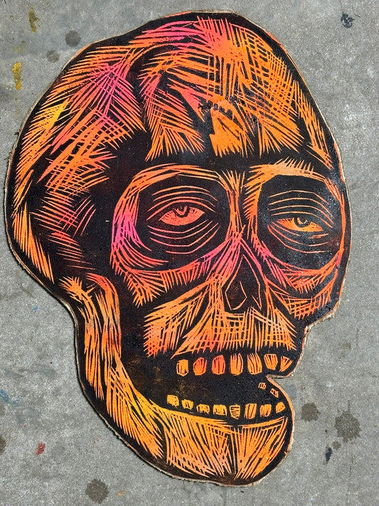 Orange Skull (Right Facing) Woodcut printed on Wooden Panel