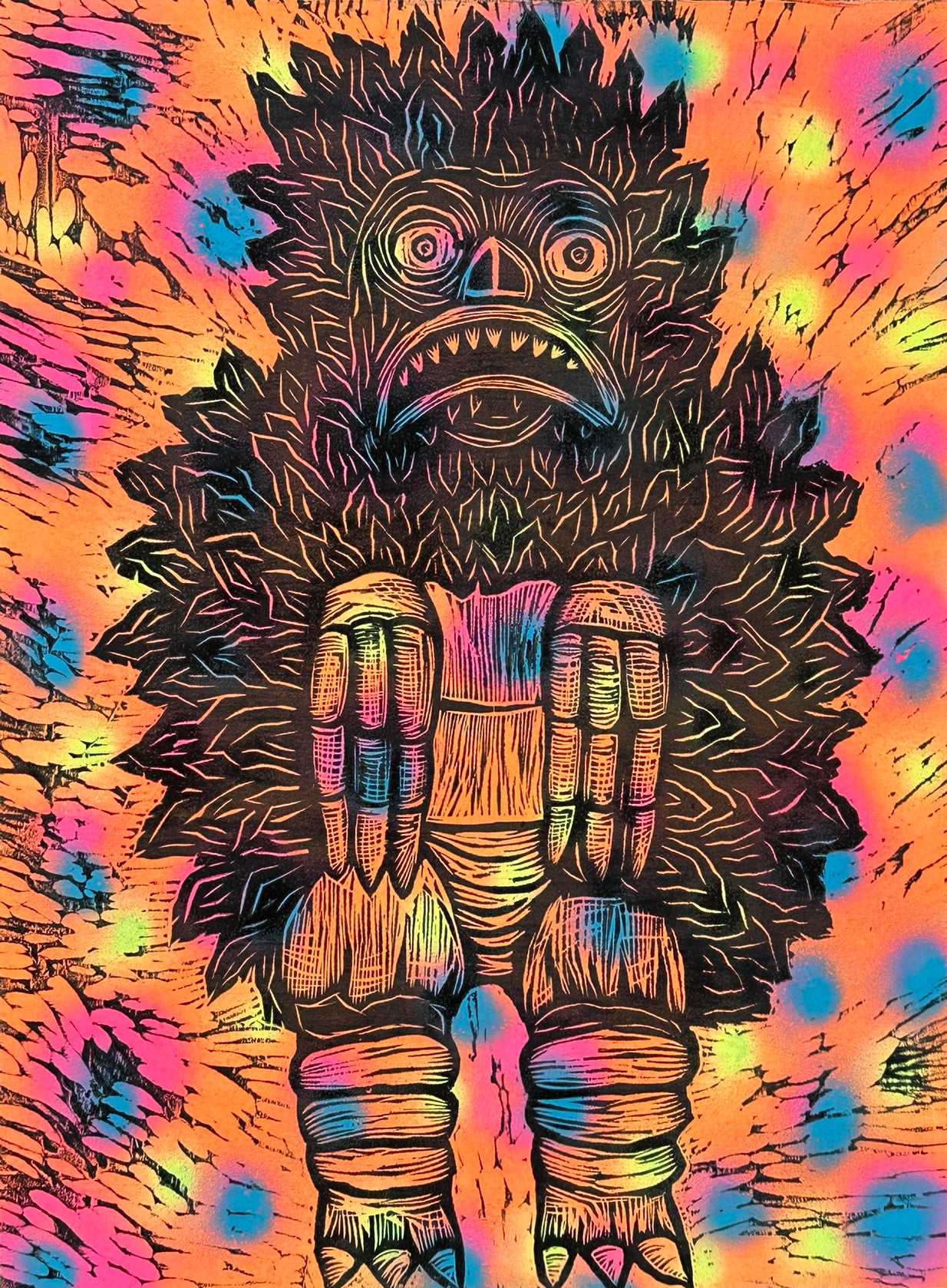 Psycho Garamon  Woodcut Printed on  Painted Wooden Panel